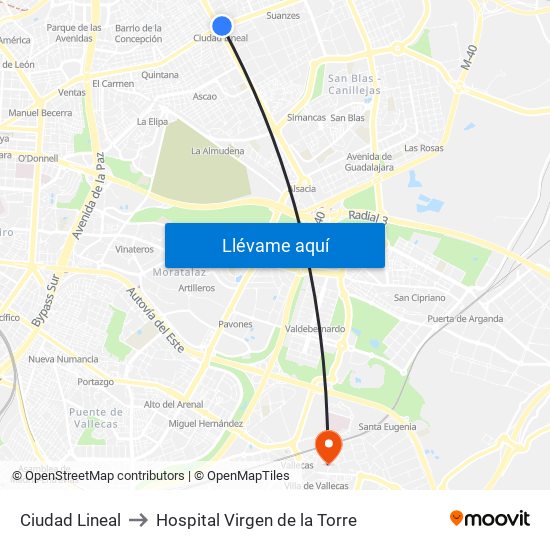 Ciudad Lineal to Hospital Virgen de la Torre map