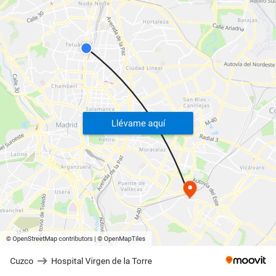 Cuzco to Hospital Virgen de la Torre map