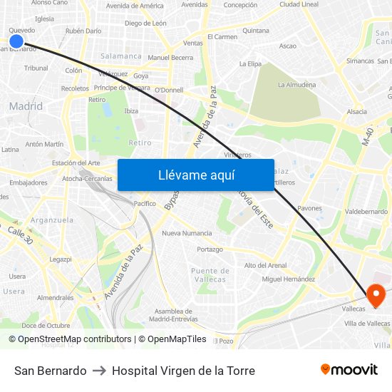 San Bernardo to Hospital Virgen de la Torre map