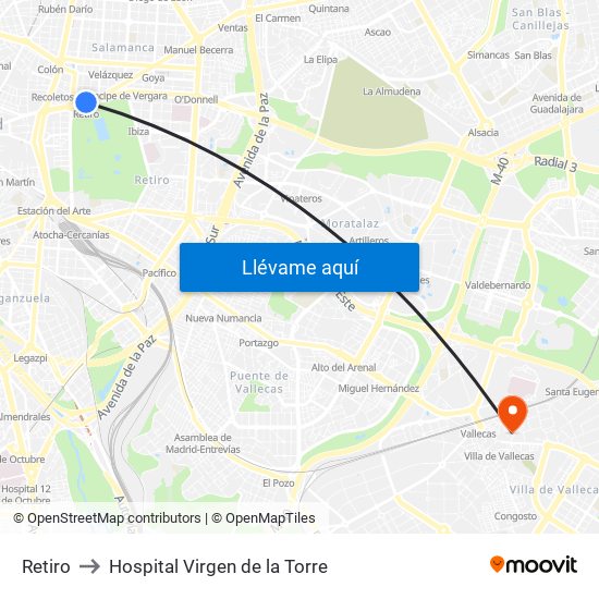 Retiro to Hospital Virgen de la Torre map