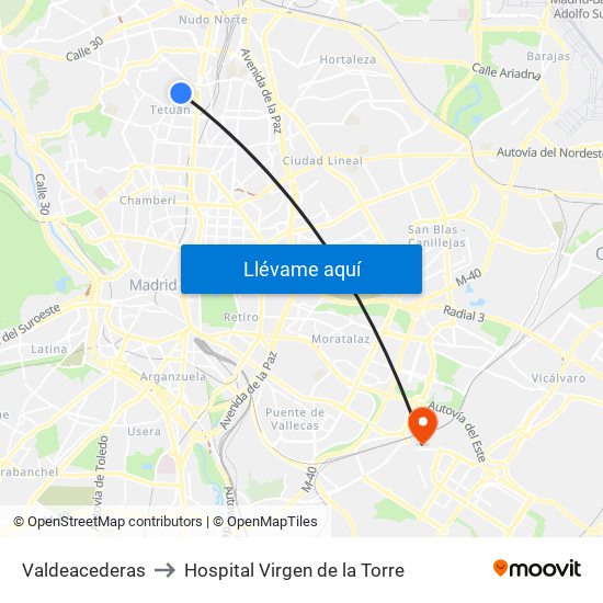 Valdeacederas to Hospital Virgen de la Torre map