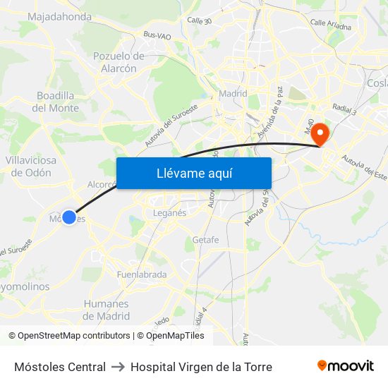 Móstoles Central to Hospital Virgen de la Torre map