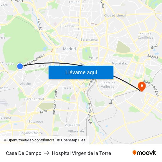 Casa De Campo to Hospital Virgen de la Torre map