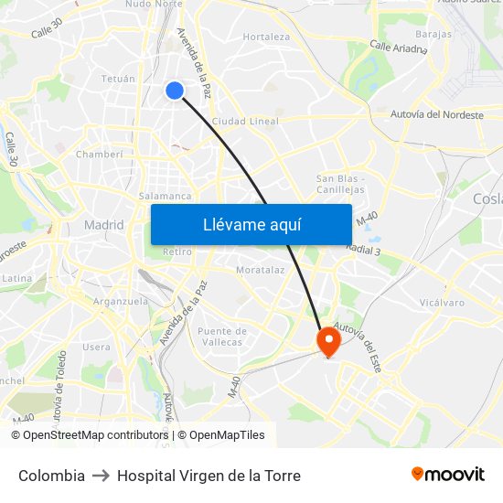 Colombia to Hospital Virgen de la Torre map