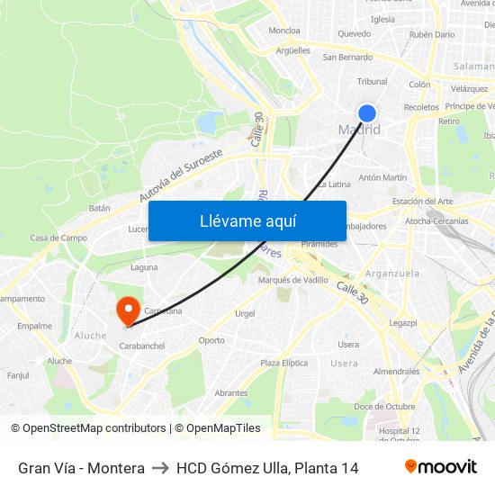 Gran Vía - Montera to HCD Gómez Ulla, Planta 14 map