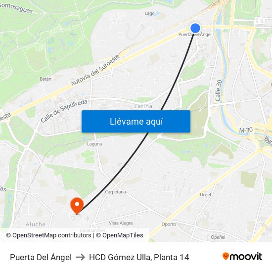 Puerta Del Ángel to HCD Gómez Ulla, Planta 14 map