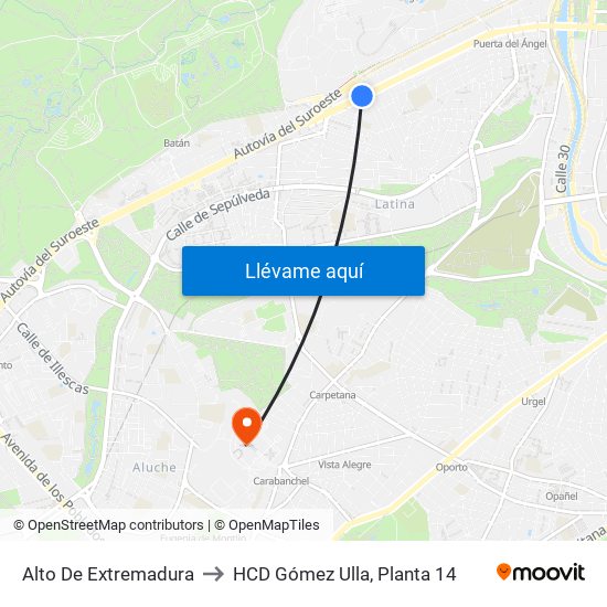 Alto De Extremadura to HCD Gómez Ulla, Planta 14 map