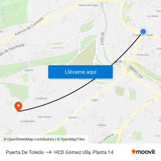 Puerta De Toledo to HCD Gómez Ulla, Planta 14 map