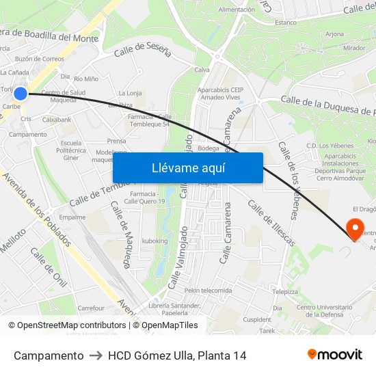 Campamento to HCD Gómez Ulla, Planta 14 map