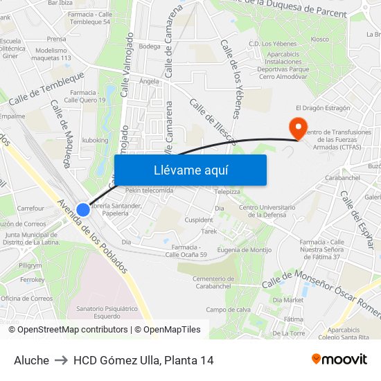 Aluche to HCD Gómez Ulla, Planta 14 map