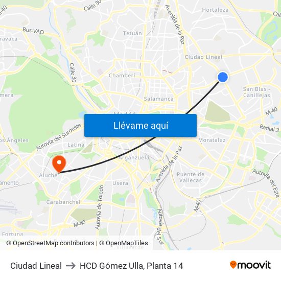 Ciudad Lineal to HCD Gómez Ulla, Planta 14 map