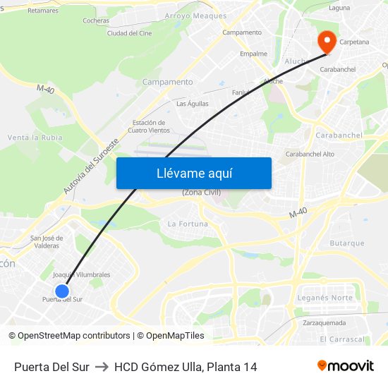 Puerta Del Sur to HCD Gómez Ulla, Planta 14 map