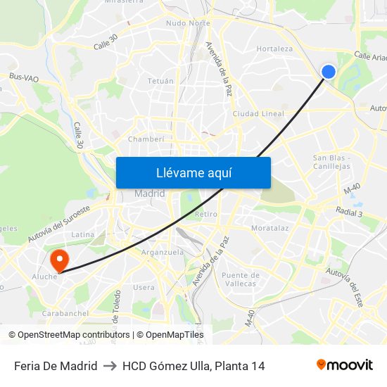 Feria De Madrid to HCD Gómez Ulla, Planta 14 map