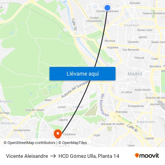 Vicente Aleixandre to HCD Gómez Ulla, Planta 14 map