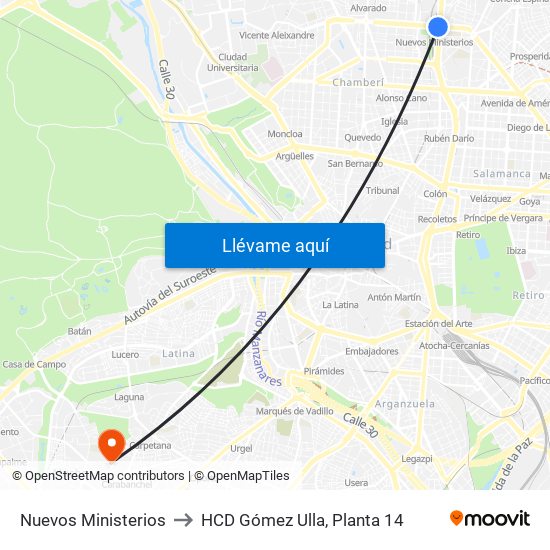 Nuevos Ministerios to HCD Gómez Ulla, Planta 14 map