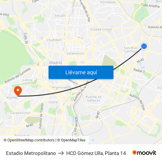 Estadio Metropolitano to HCD Gómez Ulla, Planta 14 map