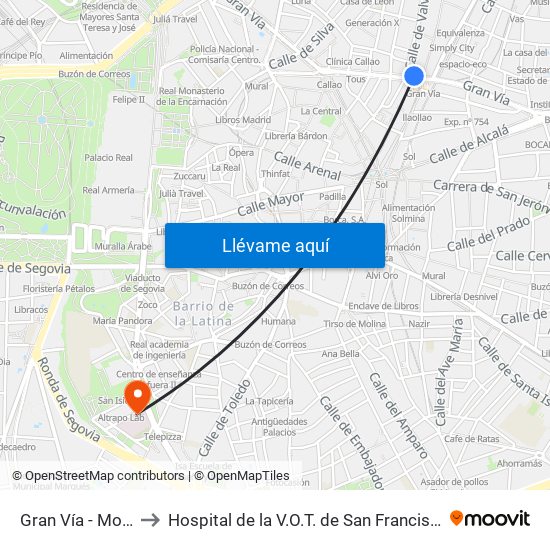 Gran Vía - Montera to Hospital de la V.O.T. de San Francisco de Asís map