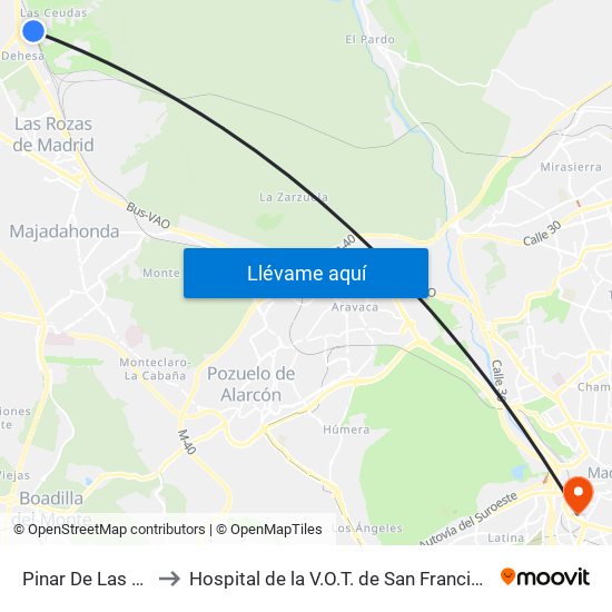 Pinar De Las Rozas to Hospital de la V.O.T. de San Francisco de Asís map