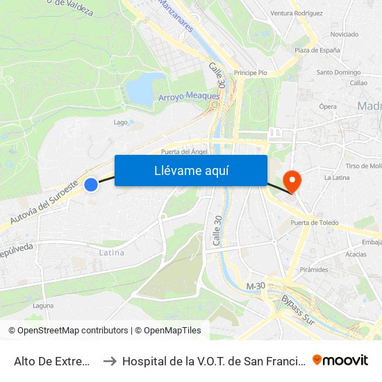 Alto De Extremadura to Hospital de la V.O.T. de San Francisco de Asís map