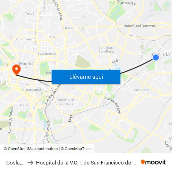 Coslada to Hospital de la V.O.T. de San Francisco de Asís map