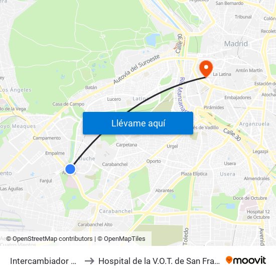 Intercambiador De Aluche to Hospital de la V.O.T. de San Francisco de Asís map