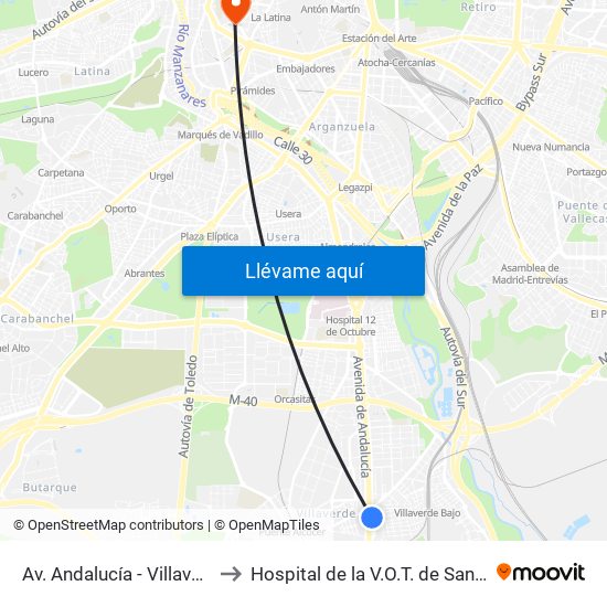 Av. Andalucía - Villaverde Bajo Cruce to Hospital de la V.O.T. de San Francisco de Asís map