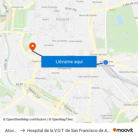 Atocha to Hospital de la V.O.T. de San Francisco de Asís map