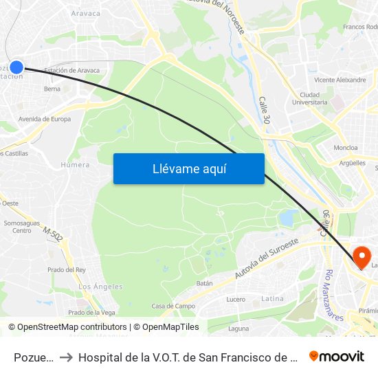 Pozuelo to Hospital de la V.O.T. de San Francisco de Asís map