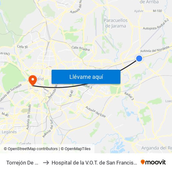 Torrejón De Ardoz to Hospital de la V.O.T. de San Francisco de Asís map
