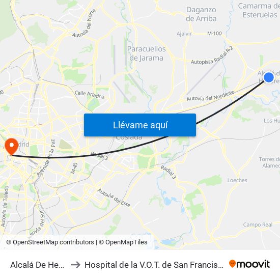 Alcalá De Henares to Hospital de la V.O.T. de San Francisco de Asís map