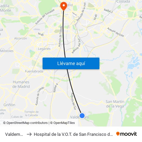 Valdemoro to Hospital de la V.O.T. de San Francisco de Asís map