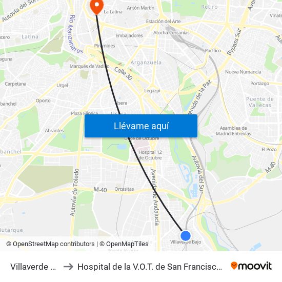 Villaverde Bajo to Hospital de la V.O.T. de San Francisco de Asís map