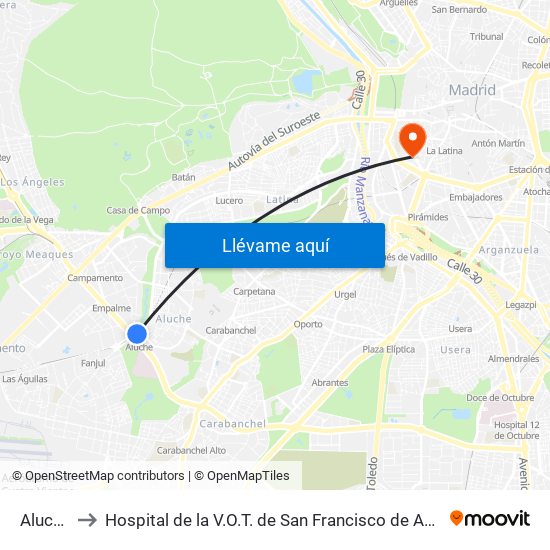 Aluche to Hospital de la V.O.T. de San Francisco de Asís map