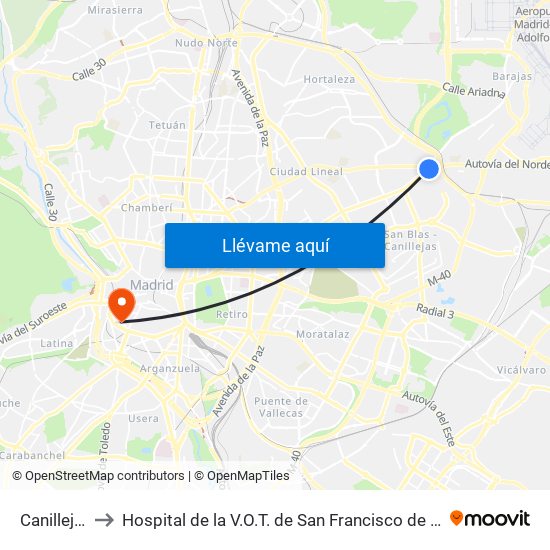 Canillejas to Hospital de la V.O.T. de San Francisco de Asís map