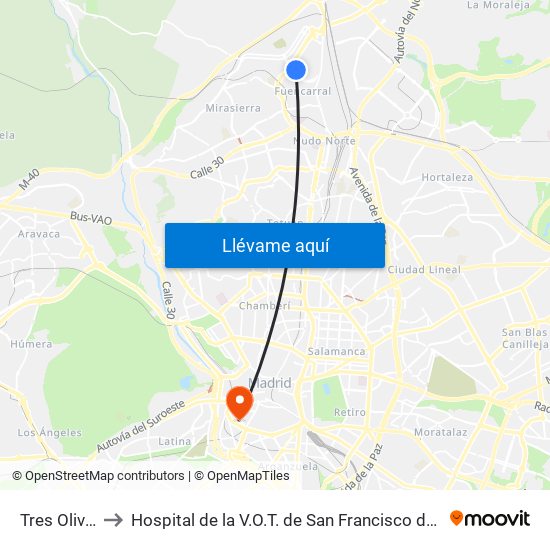 Tres Olivos to Hospital de la V.O.T. de San Francisco de Asís map