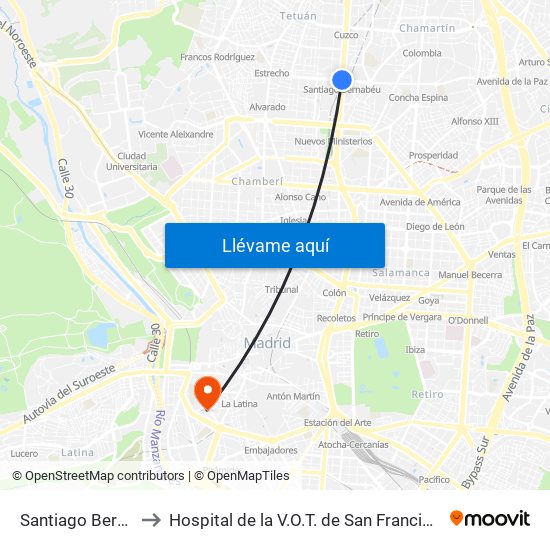 Santiago Bernabéu to Hospital de la V.O.T. de San Francisco de Asís map