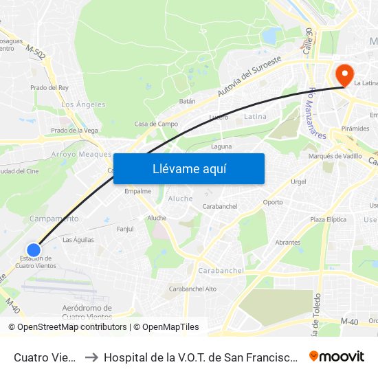 Cuatro Vientos to Hospital de la V.O.T. de San Francisco de Asís map