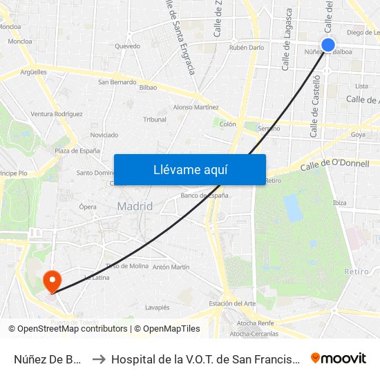 Núñez De Balboa to Hospital de la V.O.T. de San Francisco de Asís map