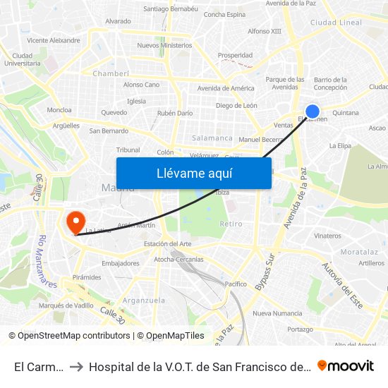 El Carmen to Hospital de la V.O.T. de San Francisco de Asís map
