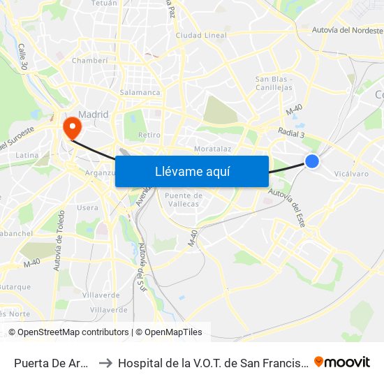 Puerta De Arganda to Hospital de la V.O.T. de San Francisco de Asís map