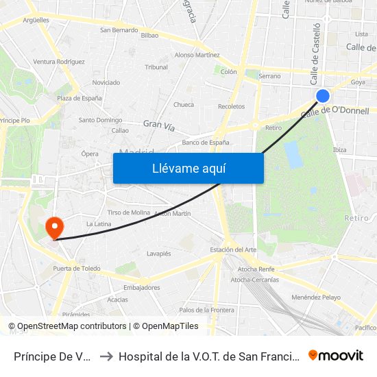 Príncipe De Vergara to Hospital de la V.O.T. de San Francisco de Asís map