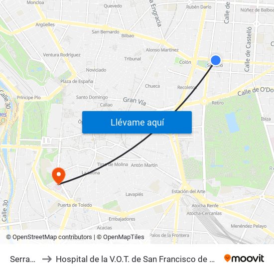 Serrano to Hospital de la V.O.T. de San Francisco de Asís map
