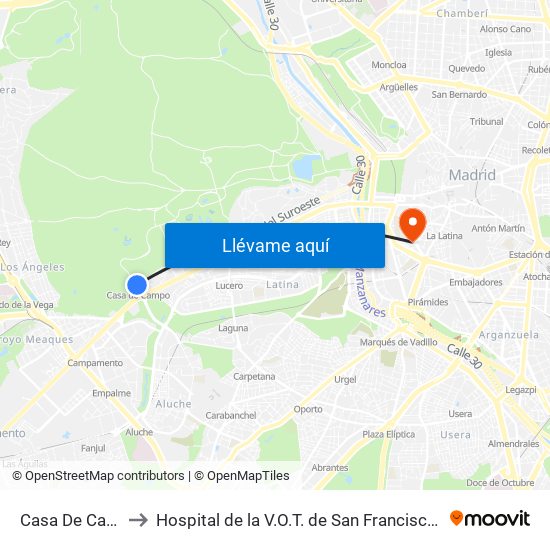 Casa De Campo to Hospital de la V.O.T. de San Francisco de Asís map