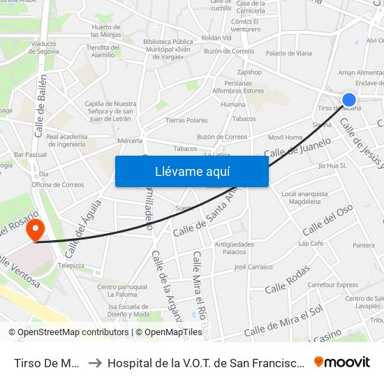Tirso De Molina to Hospital de la V.O.T. de San Francisco de Asís map
