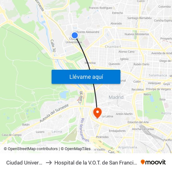Ciudad Universitaria to Hospital de la V.O.T. de San Francisco de Asís map