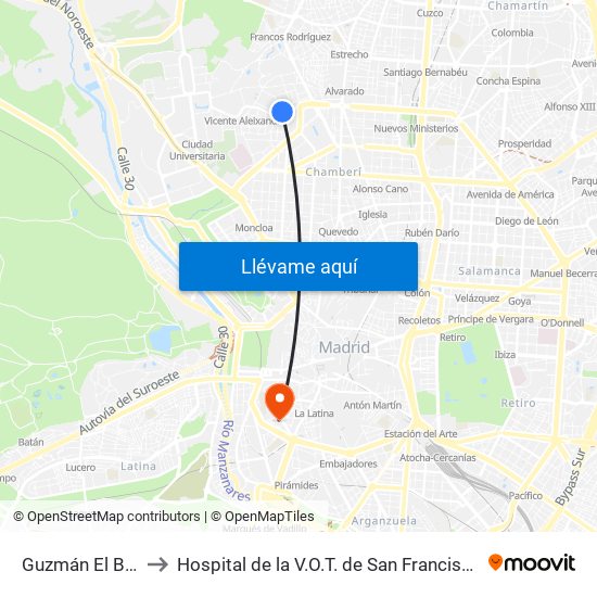 Guzmán El Bueno to Hospital de la V.O.T. de San Francisco de Asís map