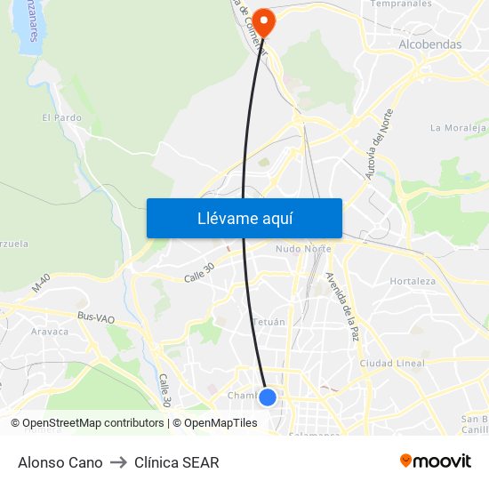 Alonso Cano to Clínica SEAR map