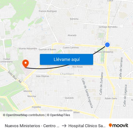 Nuevos Ministerios - Centro Comercial to Hospital Clínico San Carlos map