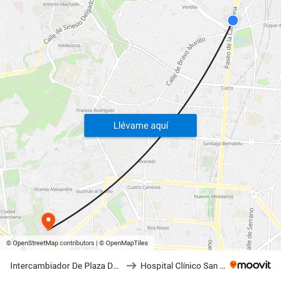 Intercambiador De Plaza De Castilla to Hospital Clínico San Carlos map