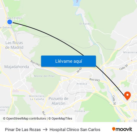 Pinar De Las Rozas to Hospital Clínico San Carlos map